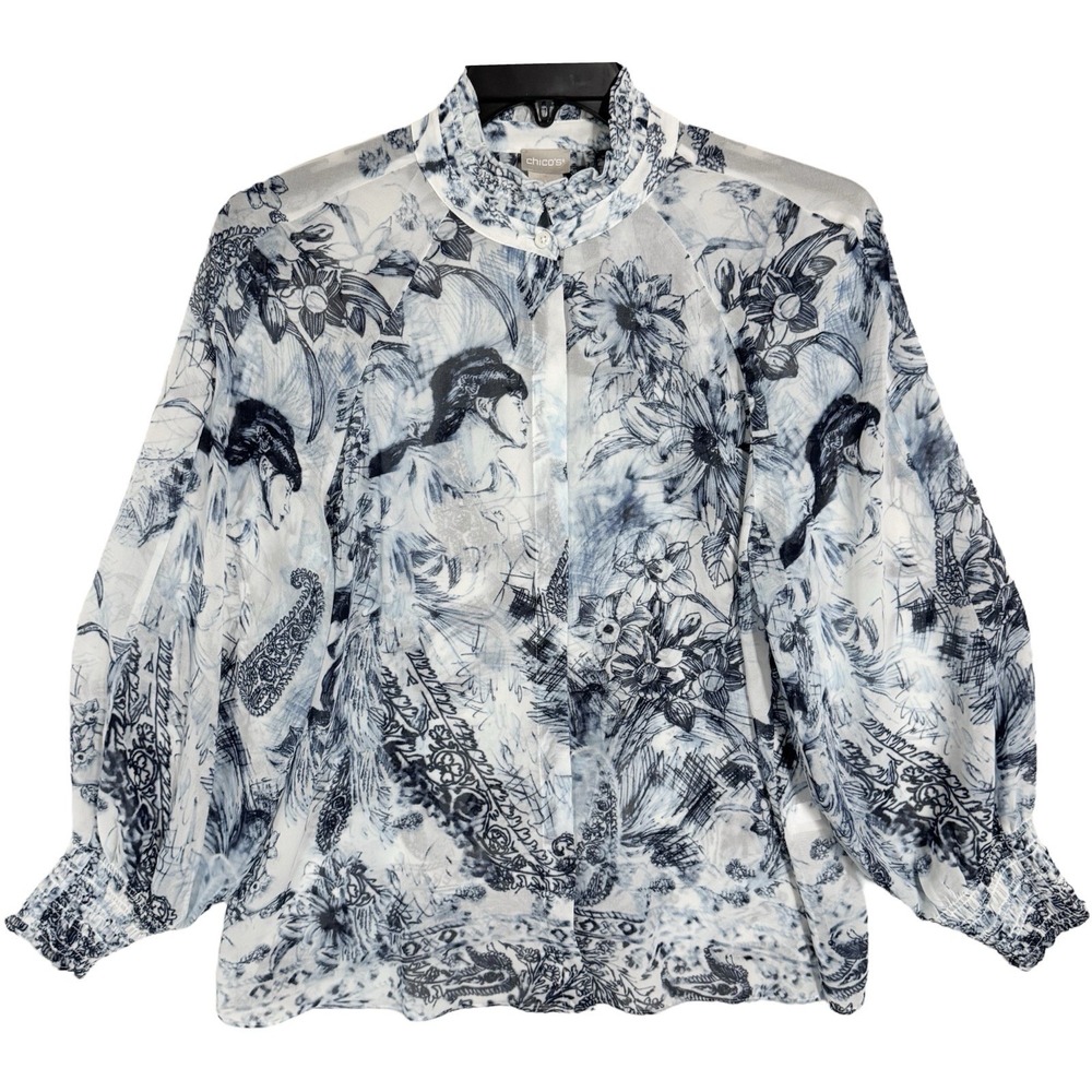 Chico’s Graphic Art Print Blouse 8/10 Medium Women Portrait‎ Illustration Angel